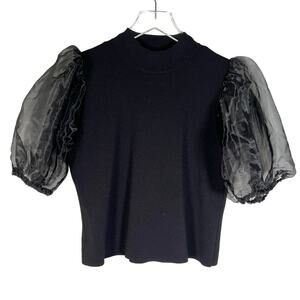 House of Harlow 1960 Women's Sheer Puff Sleeve Mock Neck Knit Top L Black Party